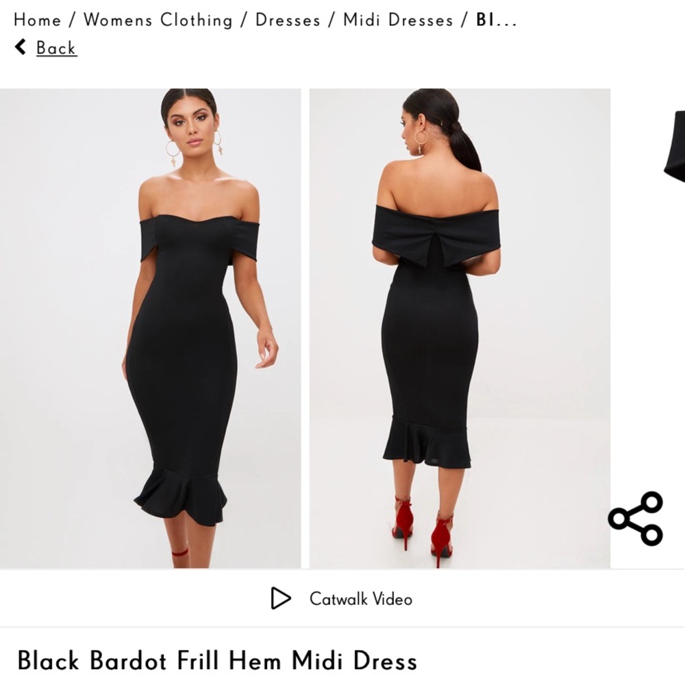 Black Bardot drill hem midi dress